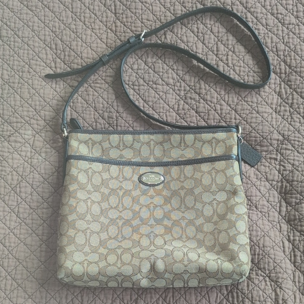 Coach Cream and Brown Crossbody Bag with Signature Monogram